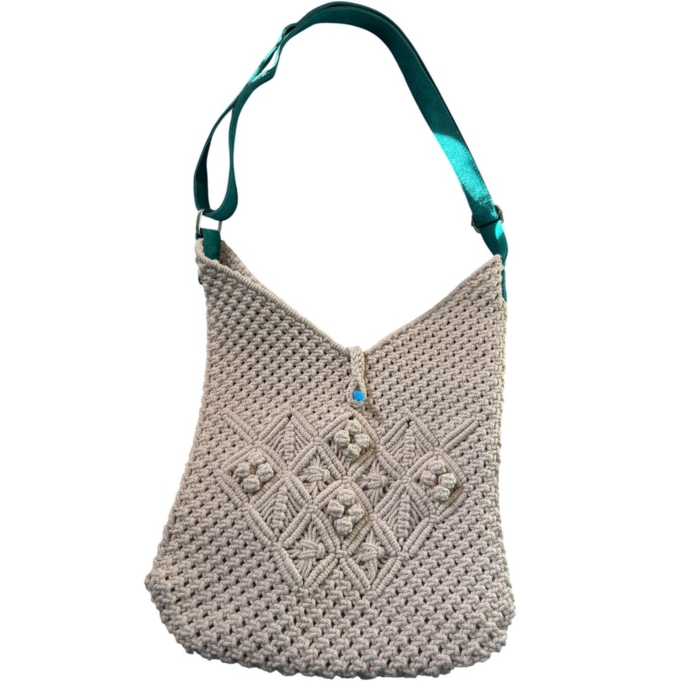 Alii and Aliizey Macrame Shoulder Bag Cream Teal Boho Diamond Popcorn Stitch